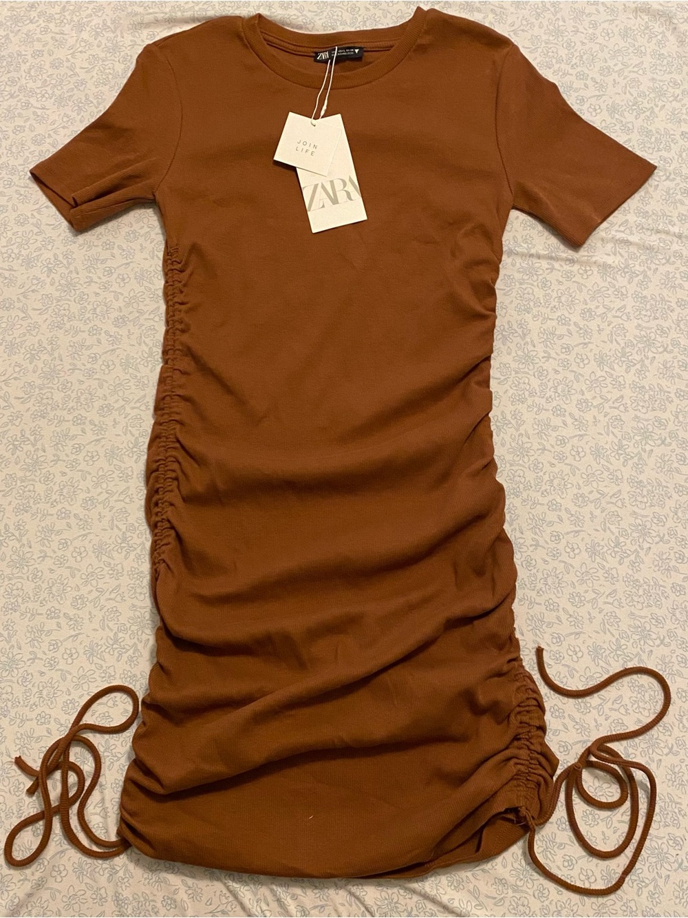 ZARA Brown Ruched Short Sleeve Mini Dress NWT